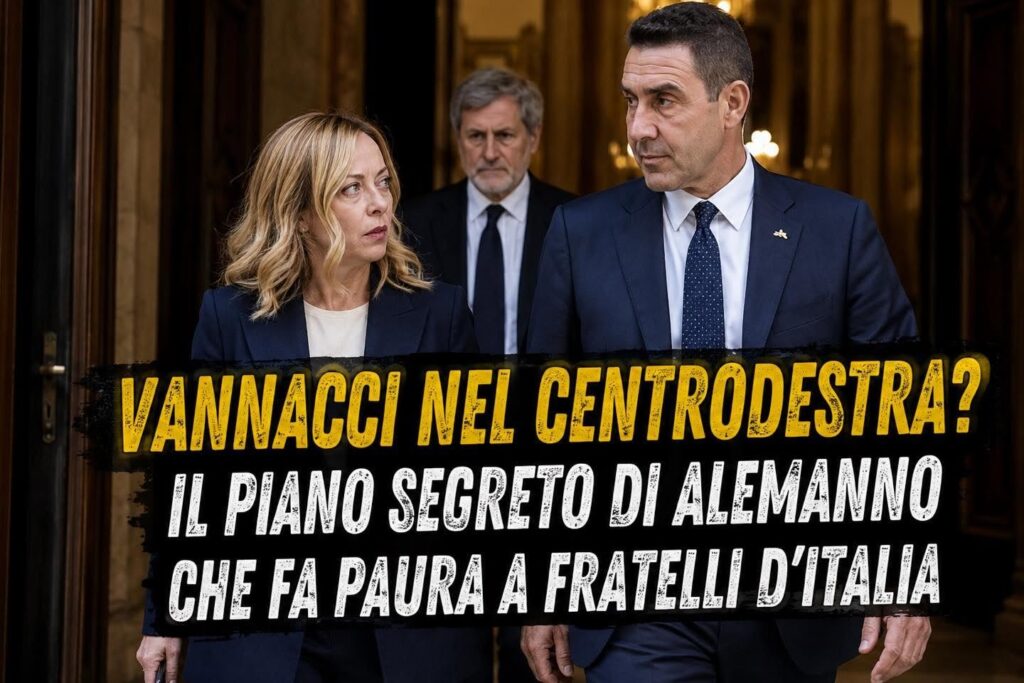 Giorgia Meloni e Roberto Vannacci, alle spalle Gianni Alemanno, con la scritta: Vannacci nel centrodestra? Il piano segreto di Alemanno che fa paura a Fratelli d’Italia