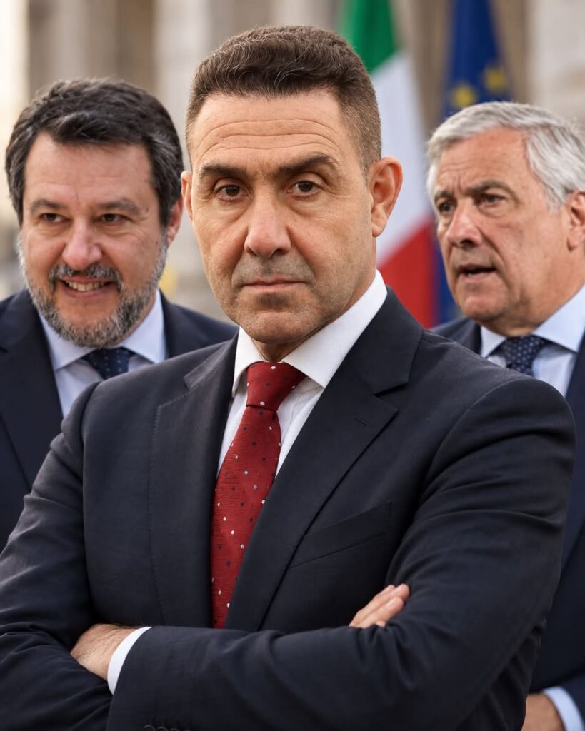 Roberto Vannacci in primo piano, alle sue spalle Matteo Salvini e Antonio Tajani